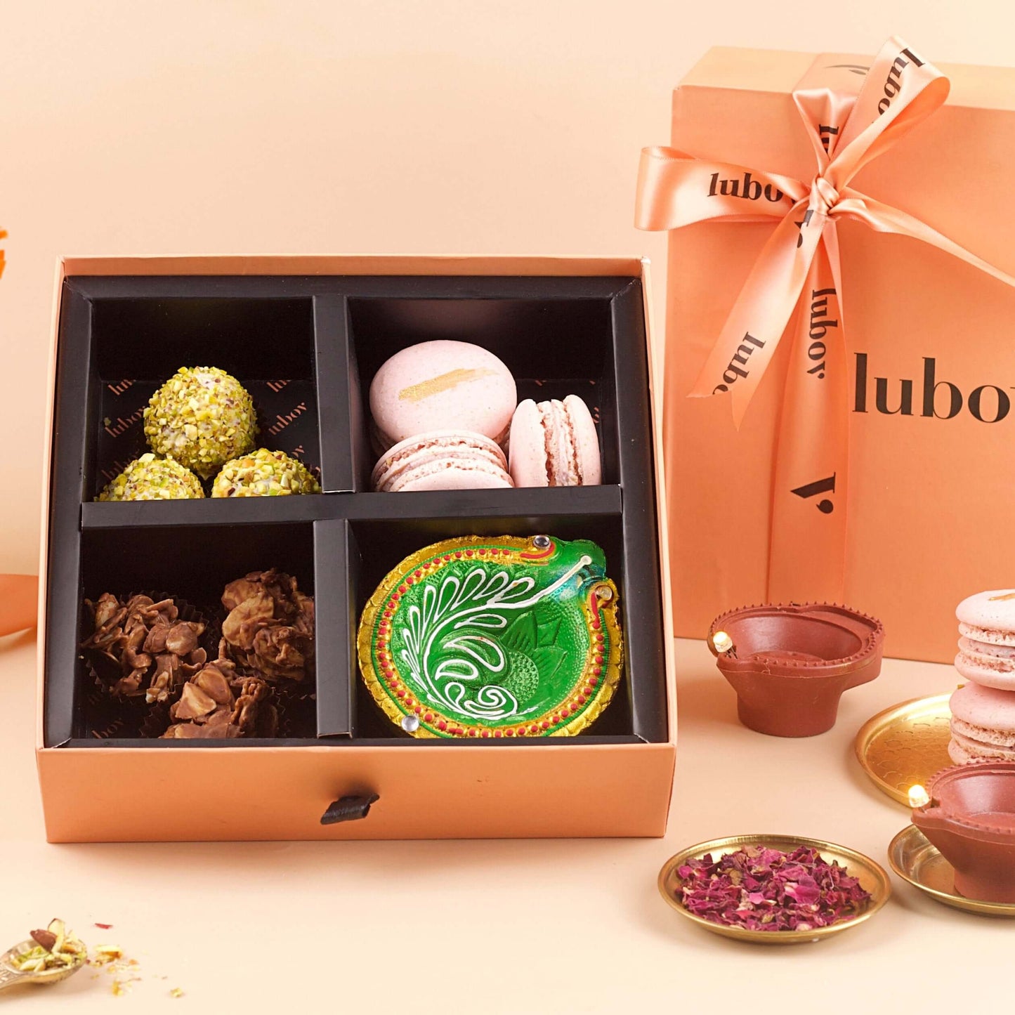 Diwali Delights Hamper Box with Truffles, Macarons, Nut Clusters and Diya